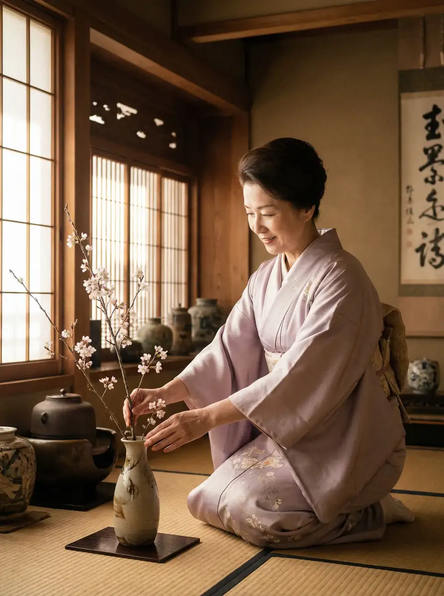 一位优雅的 the9首档合体综艺 在和室中插花
