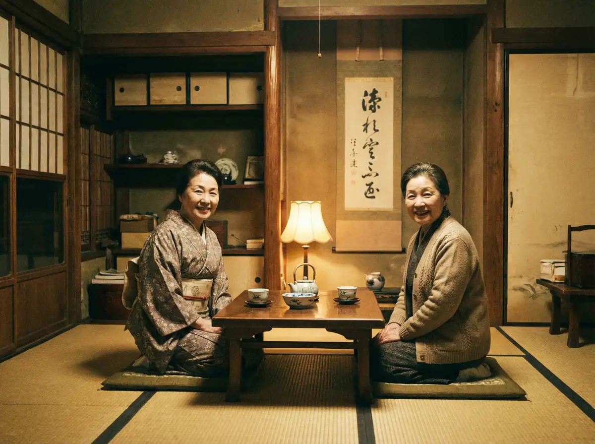 两位优雅的 the9首档合体综艺 在日式茶室中品茶交谈